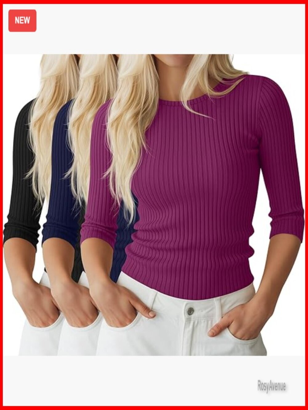 3 Pack Slim Fit 3/4 Sleeve Cotton Knit Tees, Crew Neck Ribbed Tops